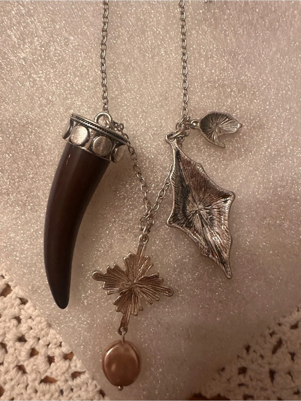 Free People Zella Silver Tone Layered Necklace with Brown Horn and Red Charm NWT